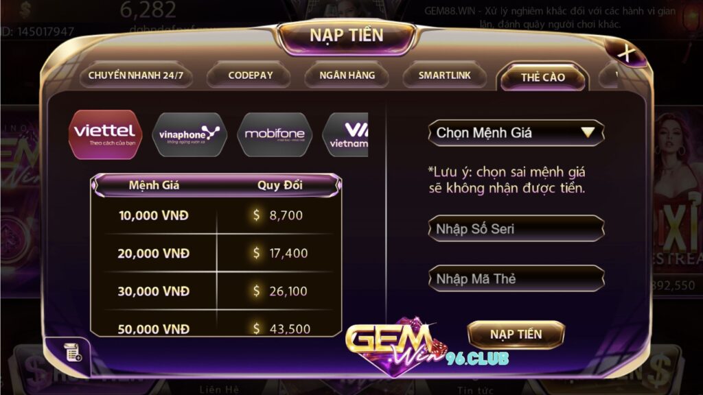 Hướng dẫn cách nạp tiền Gemwin nhanh chóng