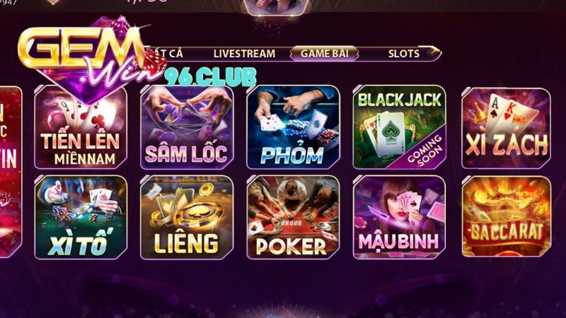 Những thể loại game có trong sảnh game bài trên cổng game GEMWIN